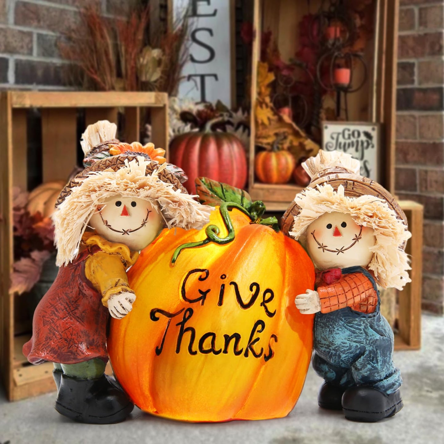 Hodao Fall Thanksgiving Resin Scarecrow Pumpkin Figurines - Adorable Scarecrow Embrace Pumpkin Decorations for Home Indoor Table Decor-Fall Thanksgiving Gifts