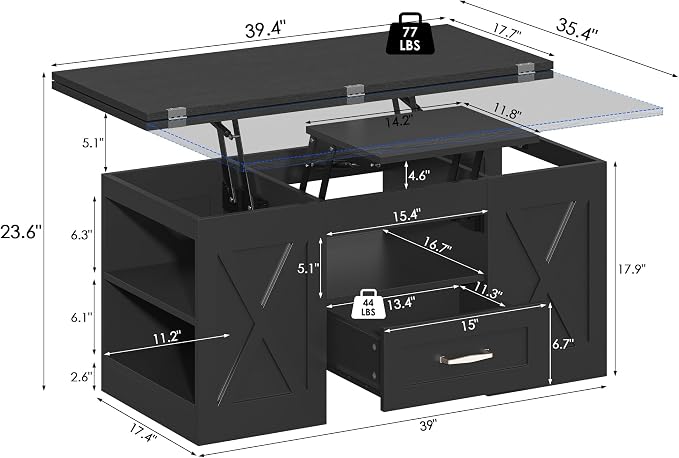kepptory 39.4'' Lift Top Coffee Table with Storage, 4 in 1 Multi-Function Convertible Coffee Tables for Living Room, Farmhouse Coffee Table with Open Storage Compartment & Drawers (Black)