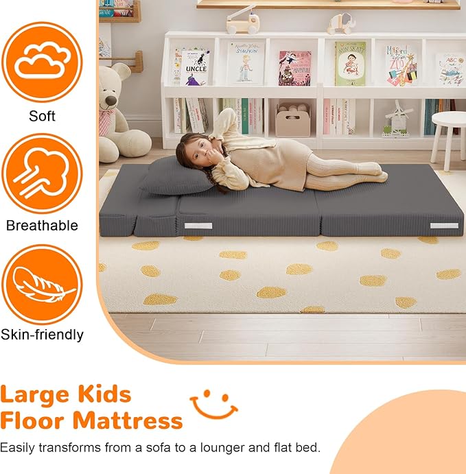 MeMoreCool Kids Folding Sofa Chair – Corduroy Floor Futon, Tri-Fold Mattress