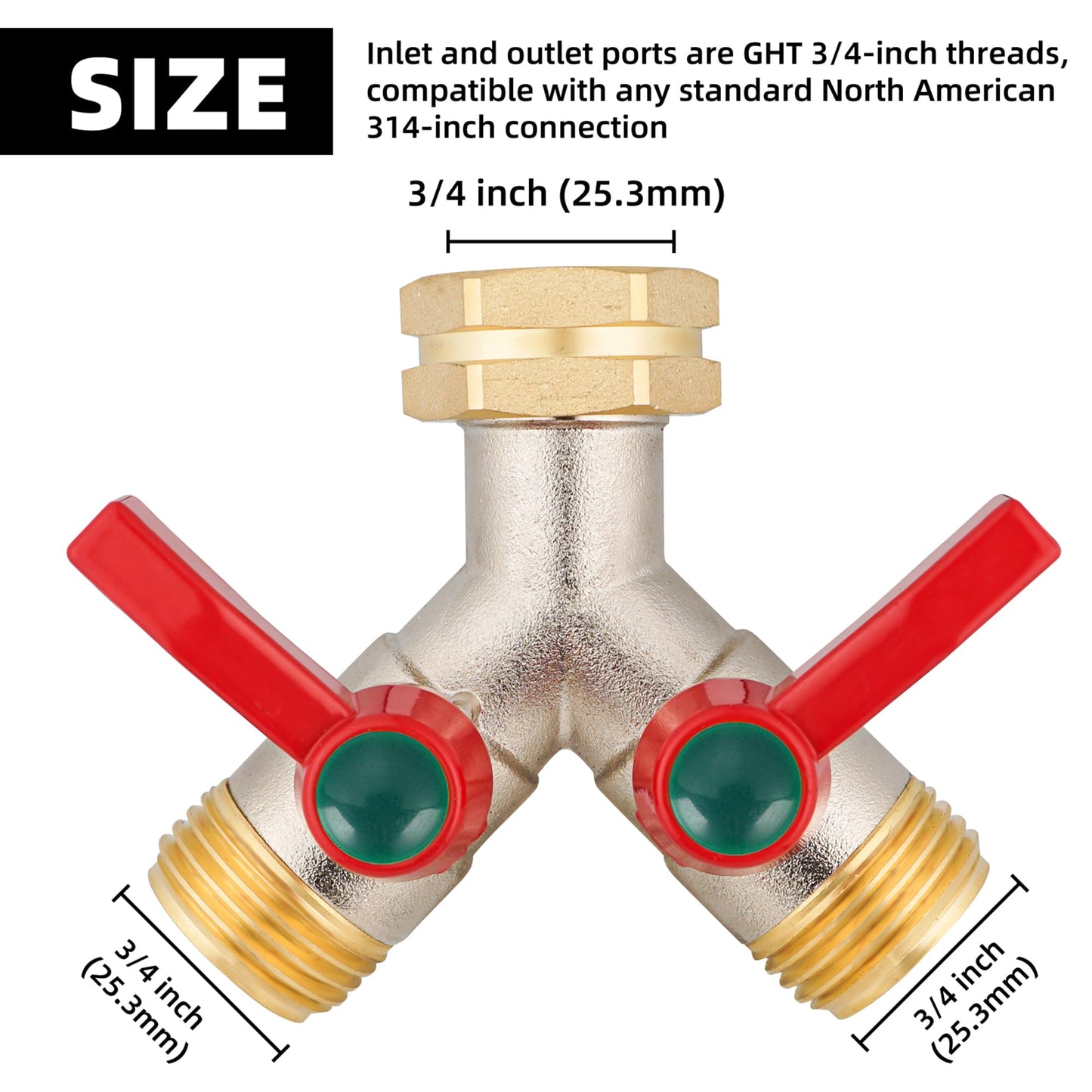 DINGBAI Garden Hose Splitter High Flow, 3/4”GHT Inlet Brass Heavy Duty Full Flow Hose Splitter 2-Way, Hose Y-Valve Faucet Splitter, Runner and Large Outlet with Extended Handle.