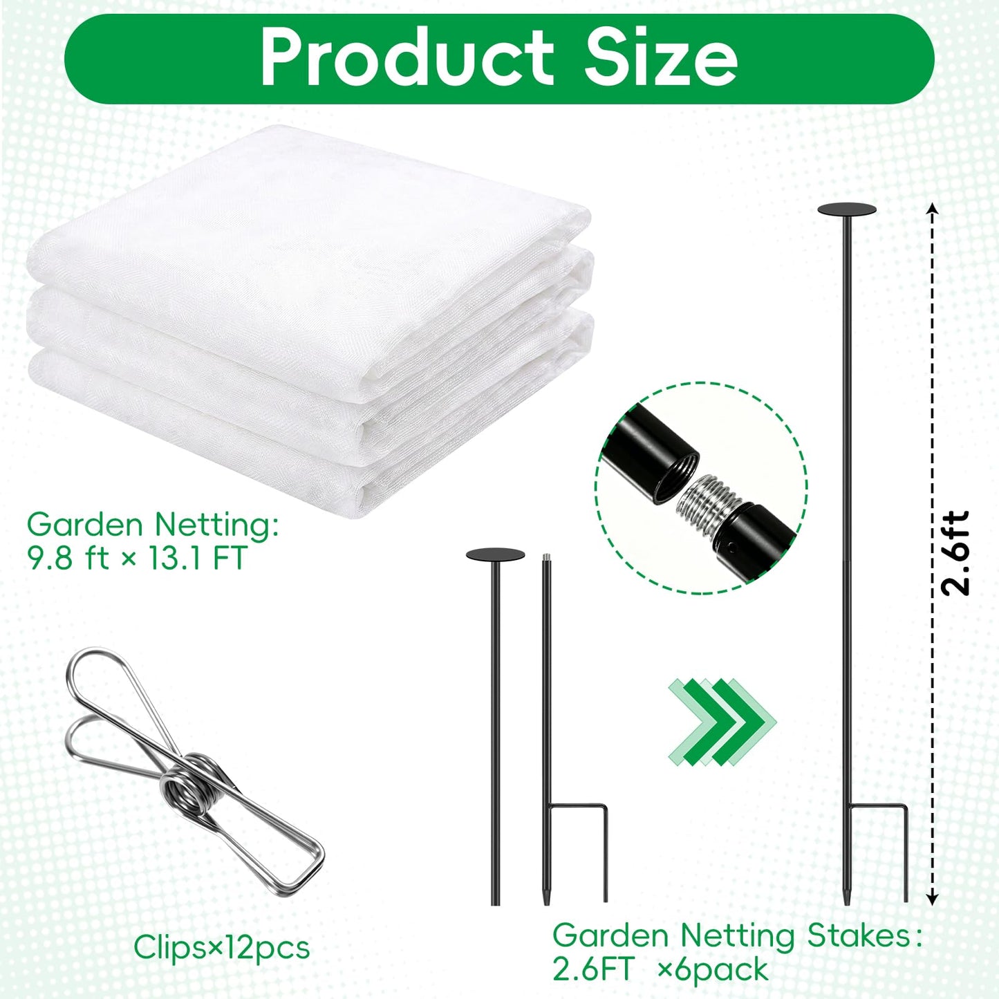 Metal Garden Netting Covers Kit for Raised Beds, 6 Pack 2.6FT Garden Poles Support Stakes with 10×13FT Insect Pest Barrier Plant Netting Mesh & 12 Clips for Vegetable Fruit Flower Garden Protection