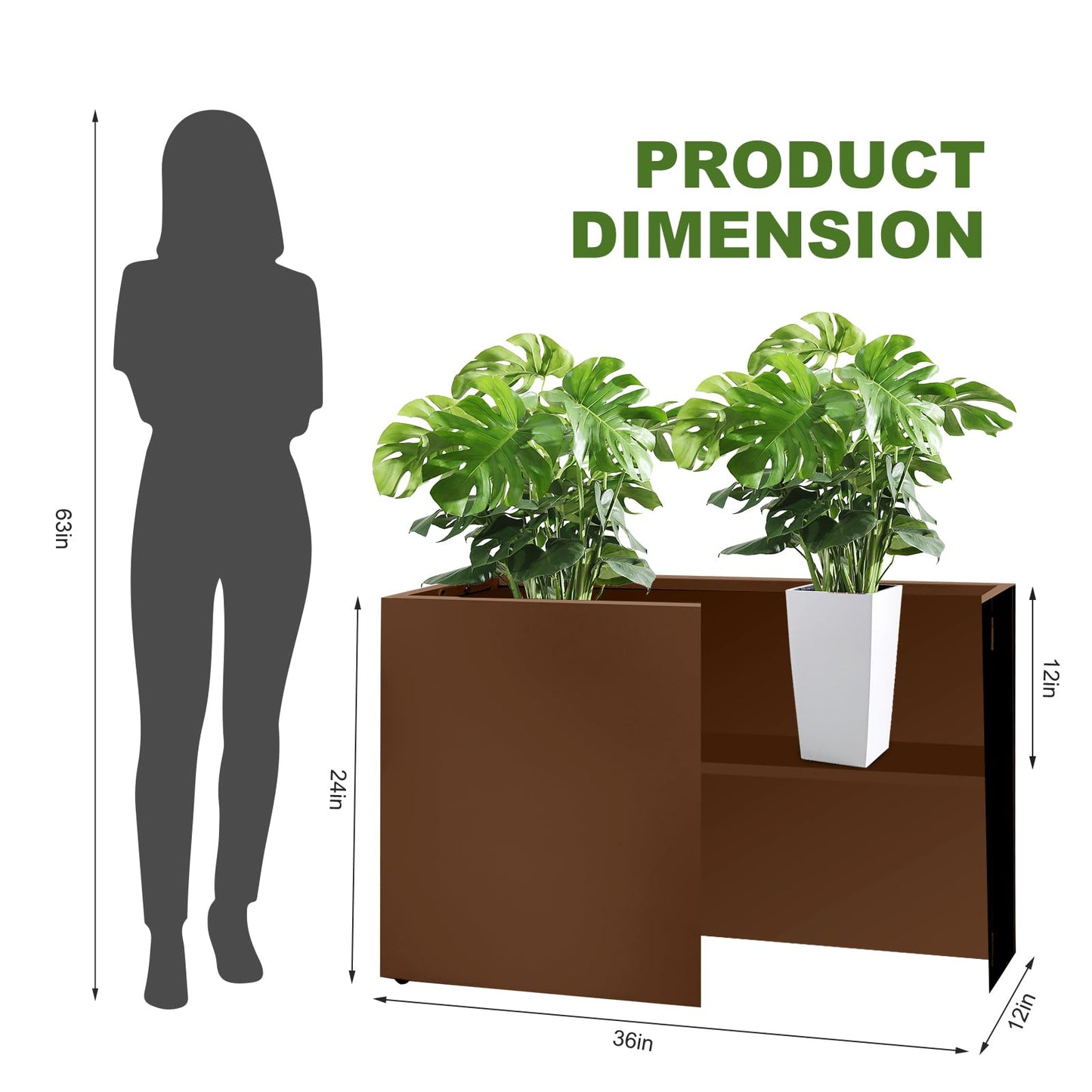 Zezgeuro Galvanized Steel Planter Box-No Installation Required Metal Rectangular Block Long Box Planter Modern Outdoor Planters All-Weather Use with Drainage Holes for Patio/Porch, 36×24×12IN（Brown）