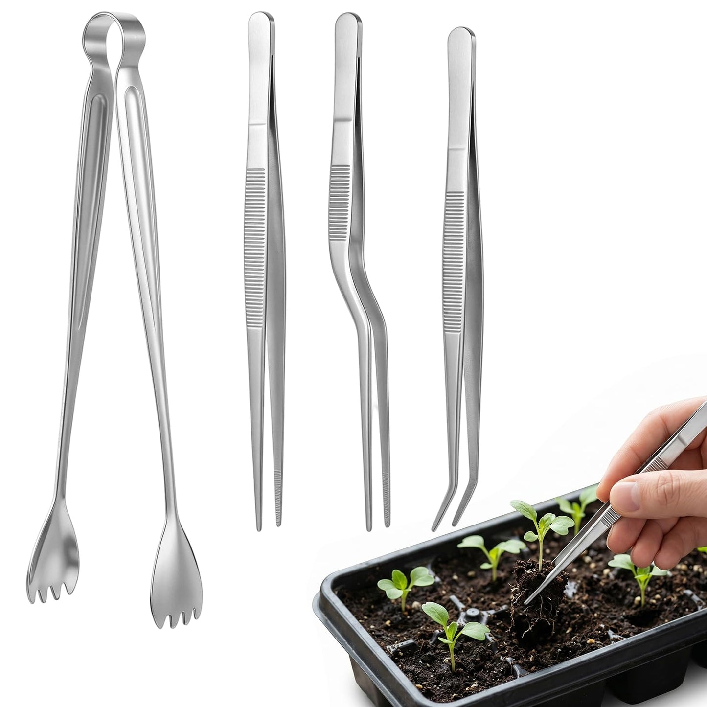 4 Pcs Seedling Transplant Tongs Set- Straight & Curved-tip Plant Tweezers, Stainless Steel Seed Starter Garden Tweezers Planting Tool Stuffer Supplies, Reduce Root Damage
