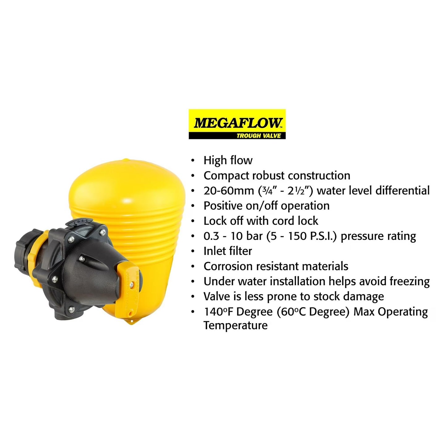 Jobe Valves J-MFV0075DLT 82026 Megaflow Valve 3/4", Yellow/Black – High Flow Float Valve for Livestock Water Troughs, Up to 90 GPM, Underwater Mount, GF Nylon Construction