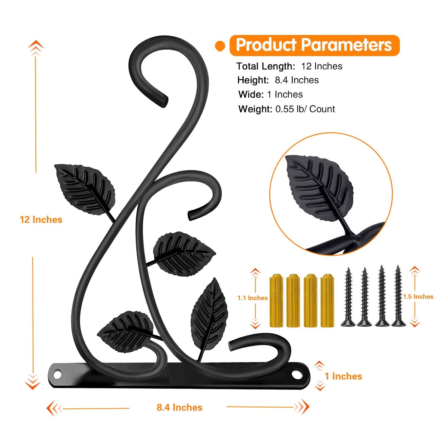 JUNBEI Hanging Plant Bracket, 12 Inch Wall Mount Hanging Plant Hook, Rust-Resistant Decorative Metal Plant Hanger for Flowers, Lanterns, Bird Feeders, Wind Chimes