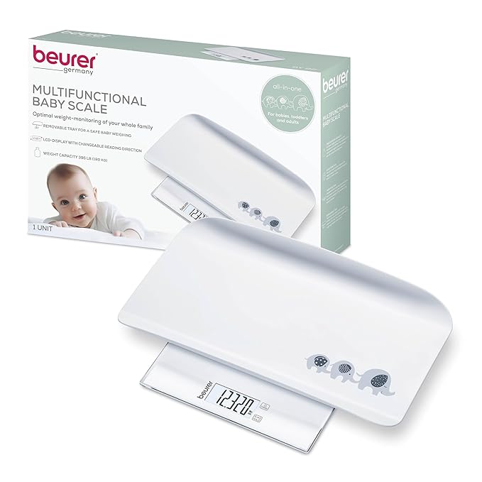Beurer BY82 Multifunctional Baby Scale for Infants, Pets, Kids, & Adults up to 396lbs, Measures in 4 Units with Backlit Digital Display & Hold Function for Accuracy, Animal Scale for Cats and Dogs