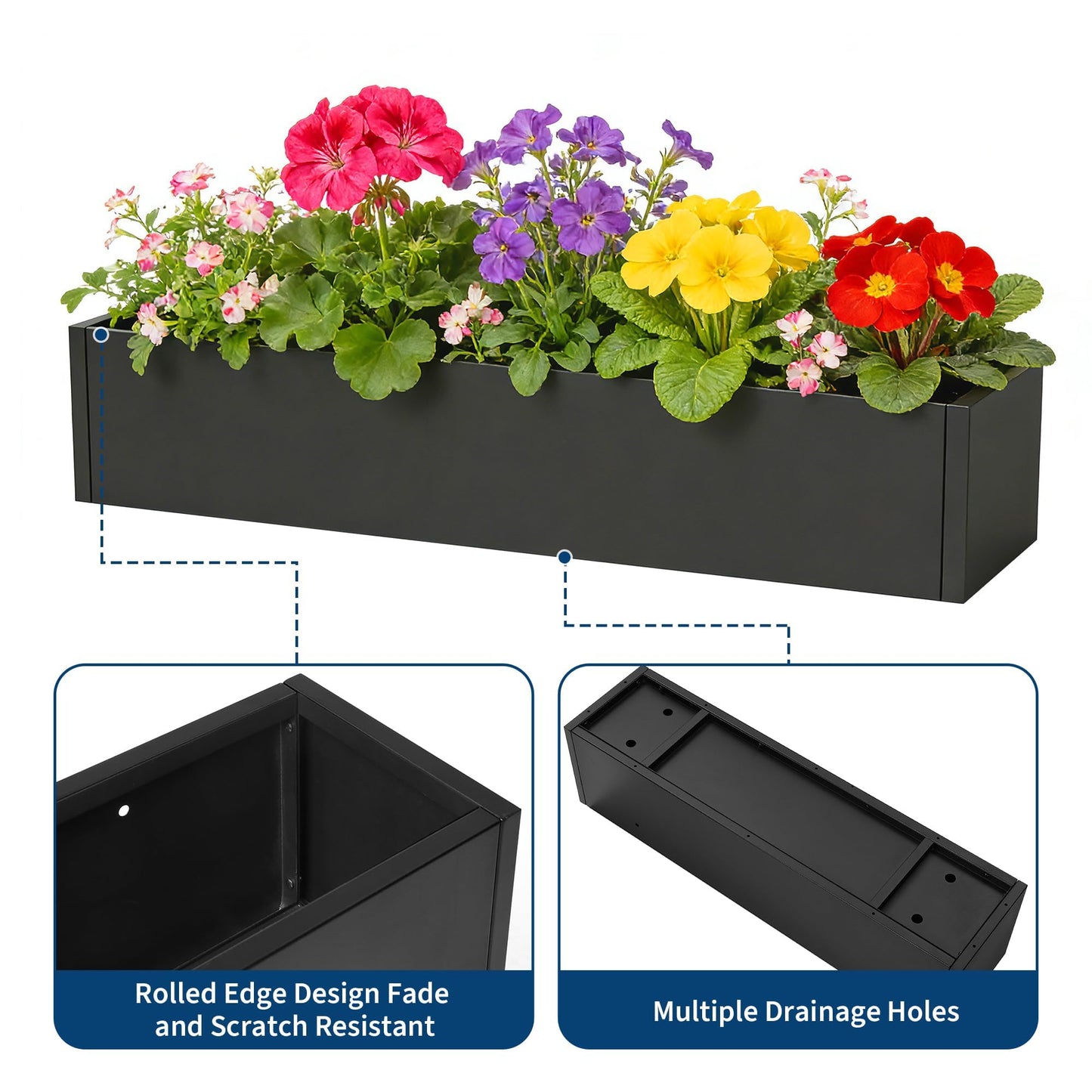Garvee Metal Rectangular Planter Box 2 Pack, 36" Long Planter with Drainage Holes Hanging Flower Pot - Heavy Duty Window Sill Box Steel Planters for Outdoor/Indoor Plants, Flowers