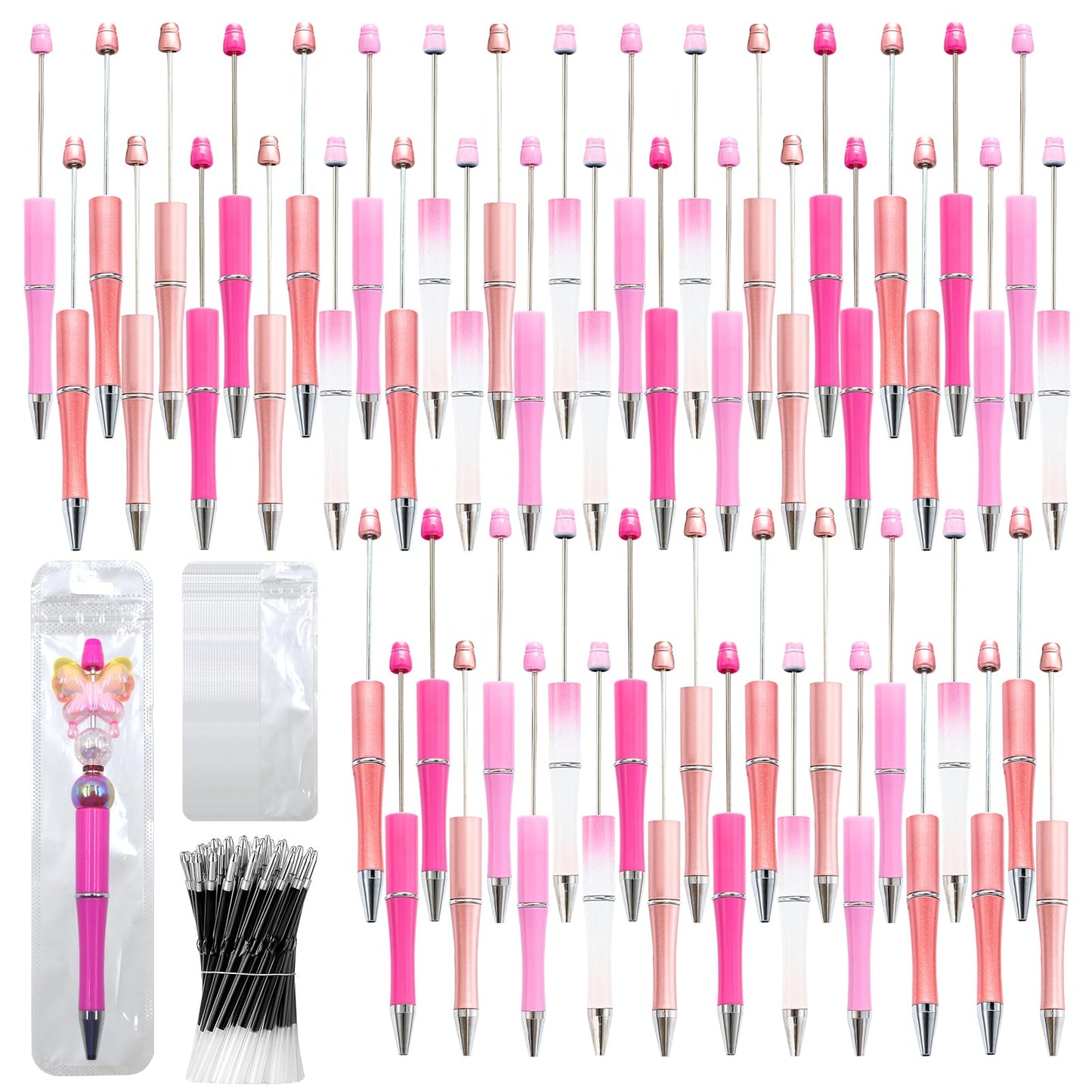 DASTTUIS 150 Pieces DIY Beadable Pen Kit – 50 Plastic Ballpoint Pens with Refills & Bags – School Supplies, Office Accessories & Decorative Items for Students & Teachers （Pink）