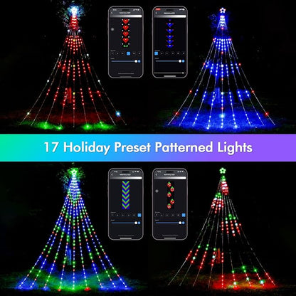 Outdoor Halloween Decorations 23FT RGB Color Changing Hanging Waterfall String Lights with Star, APP Remote Control, DIY Multi-Color Lightshow, Music Sync, Xmas Halloween Decor