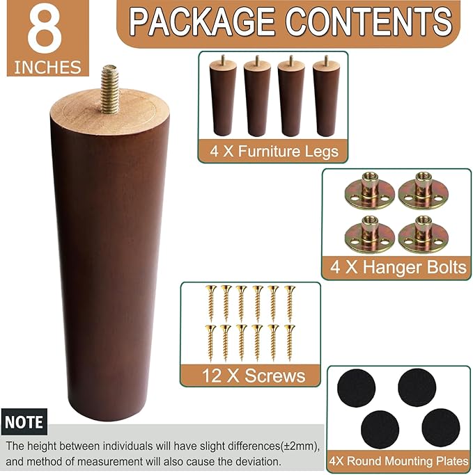 Yaliuliu Brown 8 Inches Furniture Legs Round Solid Wood Sofa Legs Replacement