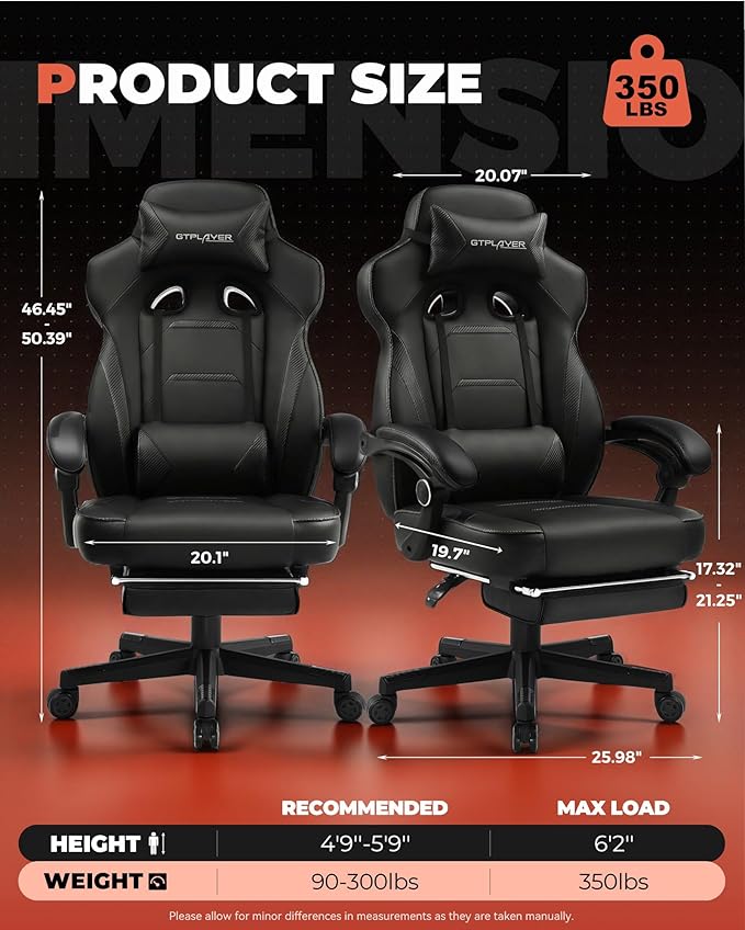 GTPLAYER Gaming Chair with Footrest, Big and Tall Game Chair 350lb Racing Style