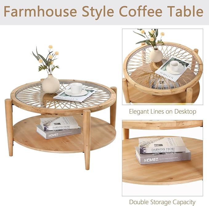 RUSTOWN Rattan Coffee Tables, 2-Tier Round Boho Cocktail Tables, Mid Century