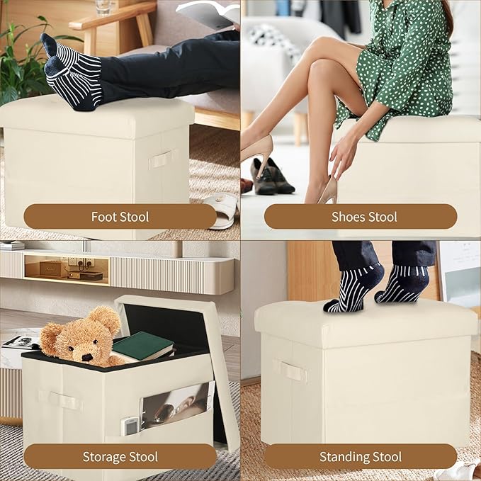 BelugaHelper Storage Ottoman Foot Rest Stool, Folding Leather Footstool Bench