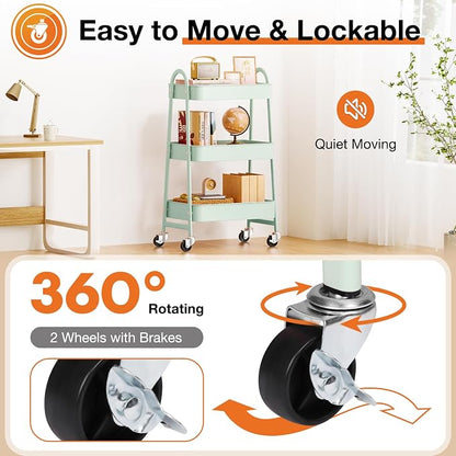 NEWBULIG 3-Tier Metal Rolling Storage Cart, Heavy Duty Mobile Utility Organizer Shelf with Lockable Wheels, Multifunctional Trolley for Daily Supplies, Home Indoor Daily Use, Green