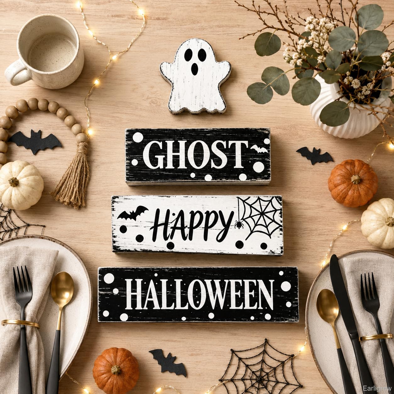 4 Pcs Ghost Halloween Decor Rustic Black and White Polka Dot Wooden Tiered Tray Block Signs Farmhouse Spooky Halloween Table Centerpiece Decor for Home Kitchen Shelf Coffee Bar