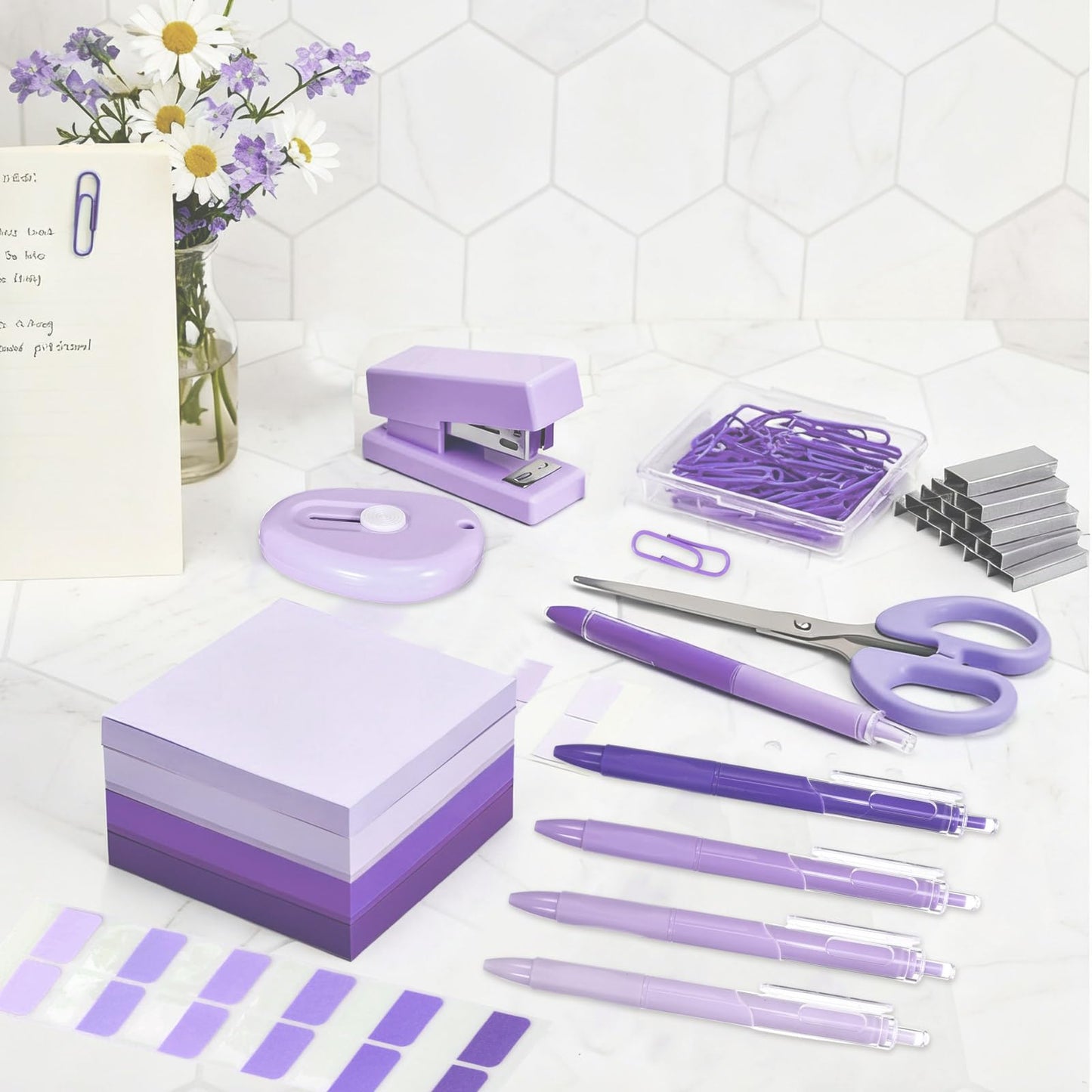 Humyoun Mini Purple Office Supplies Kit Purple School Supplies Christmas Gift Desk Accessories with Gel Pens Sticky Notes Stapler Scissor Paper Clips Index Tabs Box Cutter for Christmas Gifts Office