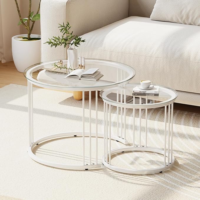 Garden 4 you Nesting Coffee Table, 23.6" Round Coffee Table Set of 2, Glass