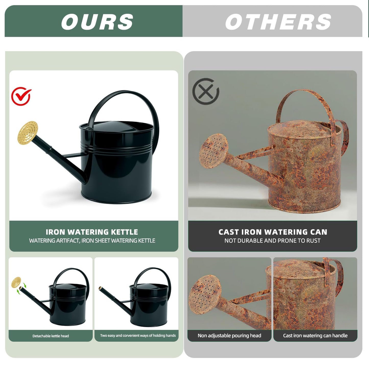 LONGRUN 2.5 Gallon Dark Green Metal Watering Can for Plants and Garden with Removable Spout, Made of Galvanized Iron