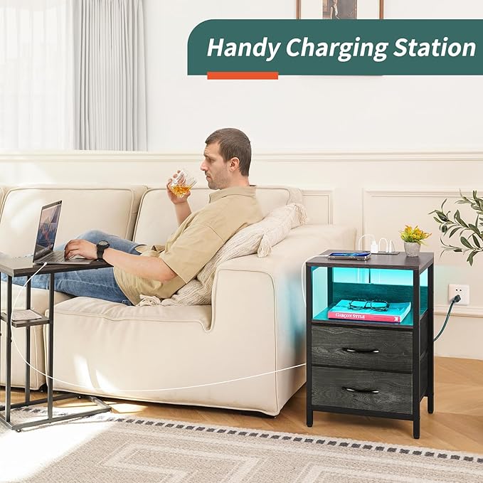 Yoobure Nightstand with Charging Station, LED Night Stand with Fabric Drawers