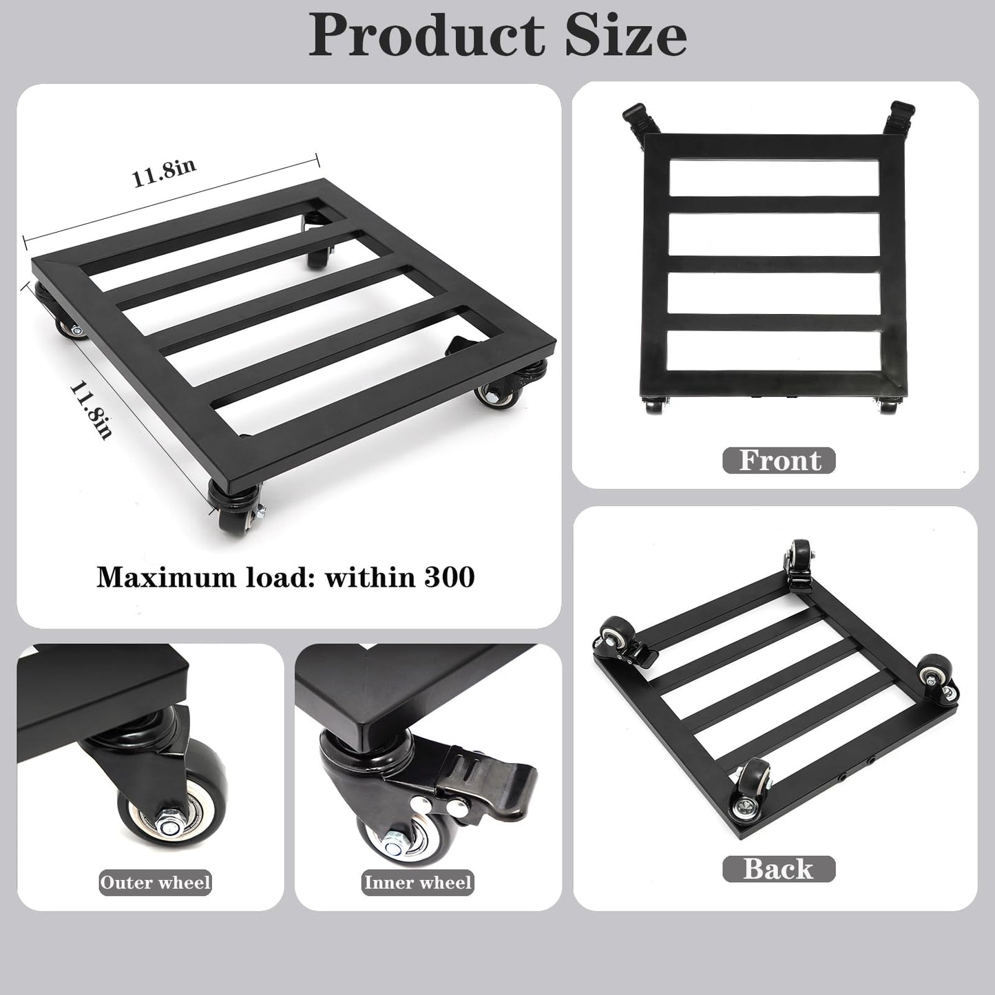 Goooxim Heavy Duty Plant Caddy with Wheels 12Inch - 200lb Weight Capacity - Steel Rolling Plant Stand for Indoor and Outdoor Use - Lockable Wheels - Black