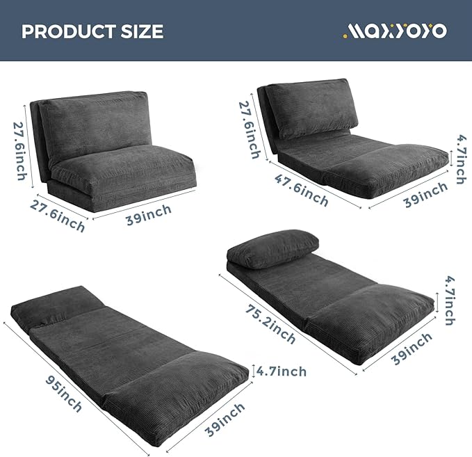 MAXYOYO Folding Sofa Bed, Extra Thick and Long Floor Sofa Convertible Sleeper