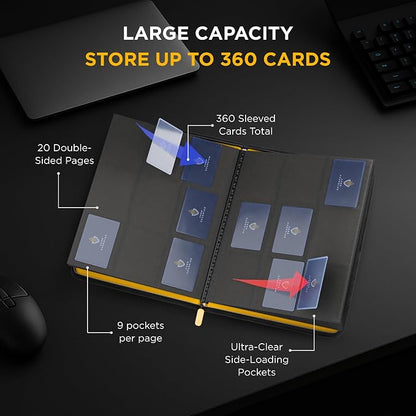 Card Guardian - 9 Pocket Premium Black Binder with Zipper for 360 Cards - Side Loading Pockets for Trading Card Games TCG (Yellow)