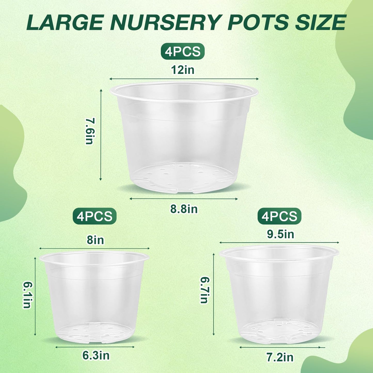 GUGEMEI 12/10/8 Inch Clear Nursery Pots with Drainage Holes, 12 Pack Flexible Large Plant Pots for Plants, Plastic Clear Pots for Seedling, Shrubs, Herbs, Flowers, Vegetables