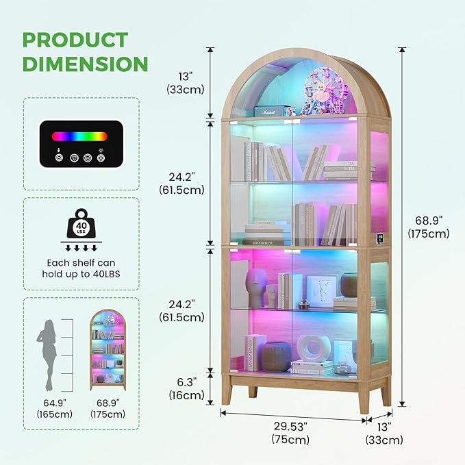 HNEBC Arched Display Case with RGB Lights, LED Curio Cabinet with Shelf