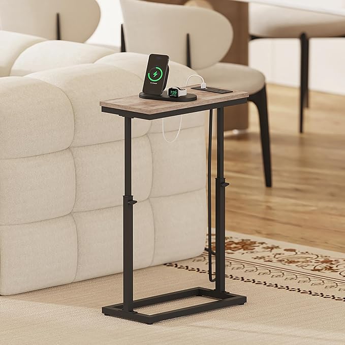 TUTOTAK End Table with Charging Station, Side Table, Tall Couch Table, Sofa