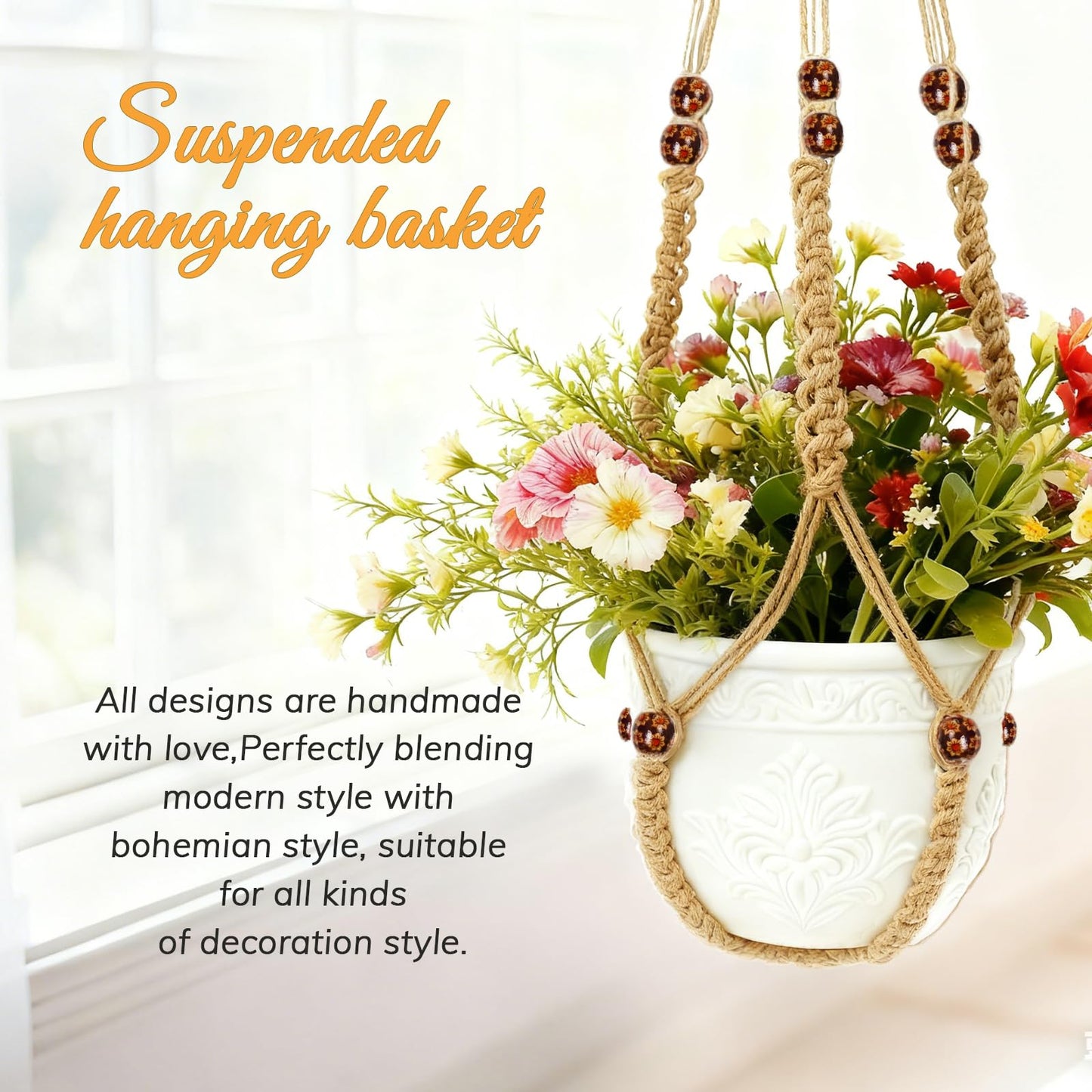 HOREAKHJ 35 Inch Macrame Plant Hanger, Large for up to 15 Inch Pot Extra Long Hanging Planter Holder Basket with Wood Beads for Indoor Outdoor Home Decor (Brown, 1-Pack)