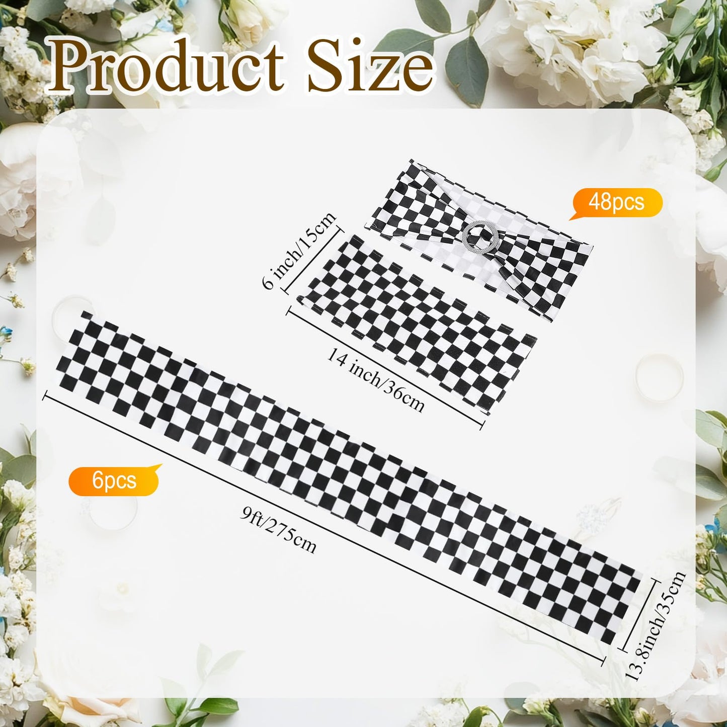 Newwiee 54 Pcs Stretch Chair Sashes with Table Runners, Classic Black and White Chair Bows Sashes Fringe Table Runner for Party Wedding Reception Banquet Decorations (Black and White Checkerboard)
