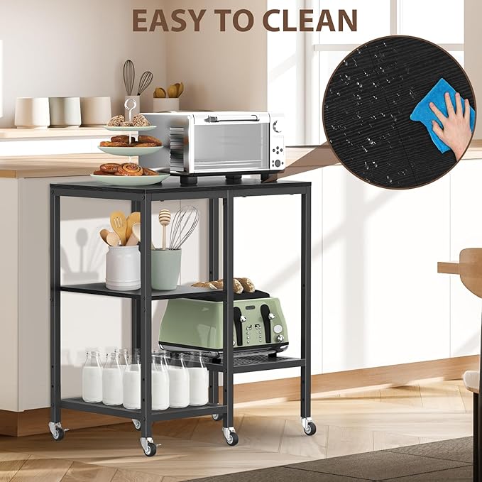 OGEMXU Kitchen Microwave Cart,Microwave Stand with Wheels,Coffee Bar Table Station,4-Tier Rolling Baker's Rack,Small Appliance Storage Shelf,Utility Side Table for Kitchen,Living Room (Black)