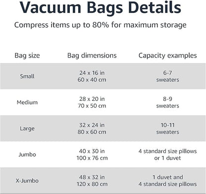 Amazon Basics Vacuum Storage Bags for Blankets, Vacuum Compression Space Saving Storage Bags with Hand Pump for Clothes Packing, X-Jumbo, 4-Pack