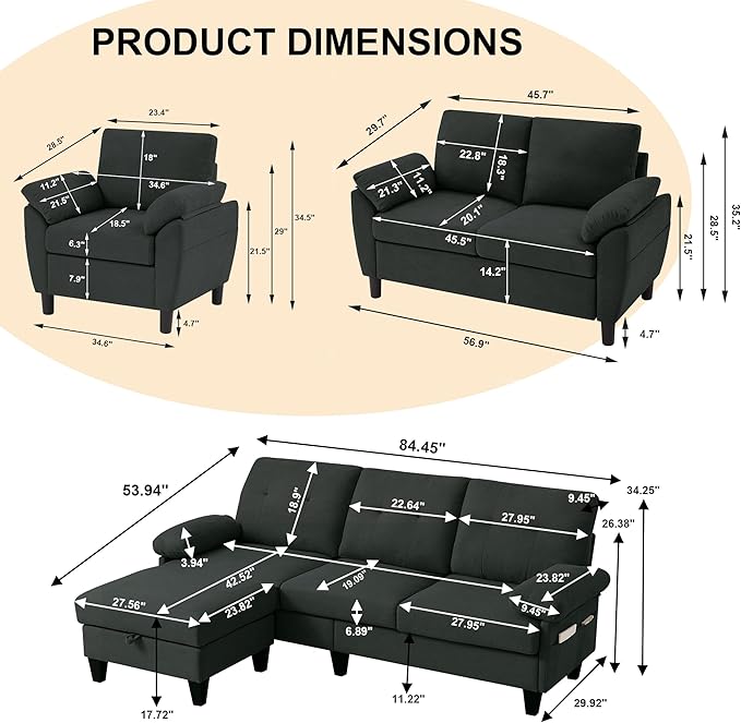 84" Convertible Sectional Sofa Set, 3 Seat L Shaped Couch