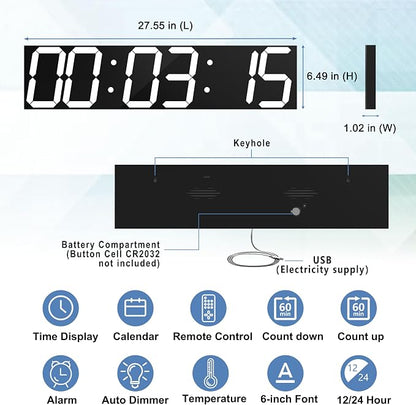 CHKOSDA Digital Wall Clock, Oversize Led Digital Clock with Auto Dimmer, Huge Countdown Timer with Remote Control, 27" Wide Led Display, 6 Digits, Wall Mount, Date and Temperature (White)