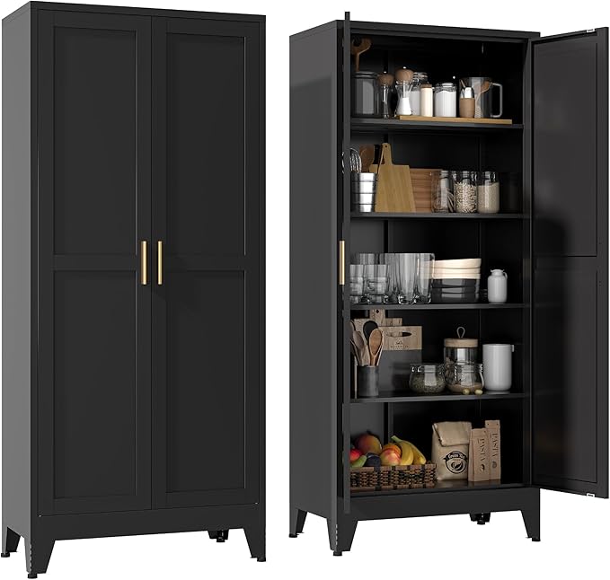 YAUWOH 71''Metal Cabinet with 4 Adjustable Shelves, 5-Tier Pantry Storage