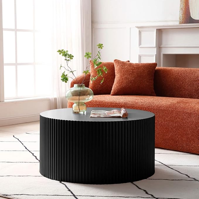 Black Round Coffee Table Nesting End Table Set of 2 Fluted Side Tables Set