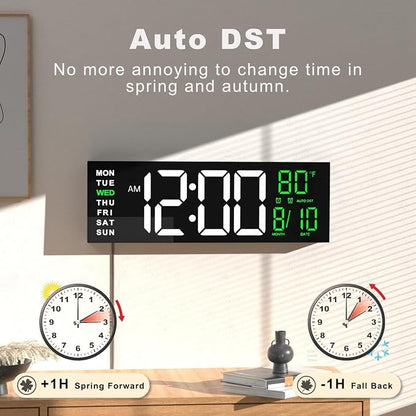 JALL 16" Large Digital Wall Mount Clock, Count Down Timer, Alarm, Big LED, RGB Color, DST, Temperature for Living Room Classroom Desk, Xmas, Birthday Gift for Senior Mom Dad (White Green, 16 inches)