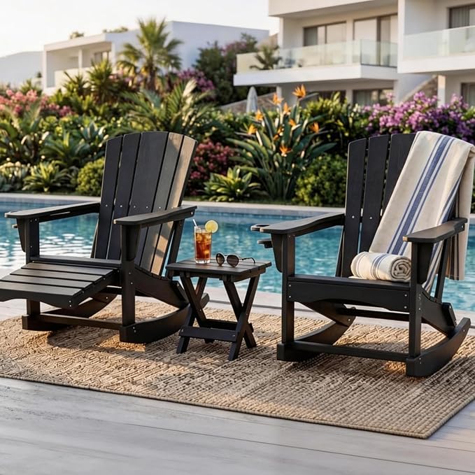 Adirondack Rocking Chair with Retractable Ottoman Set of 2, Outdoor Folding