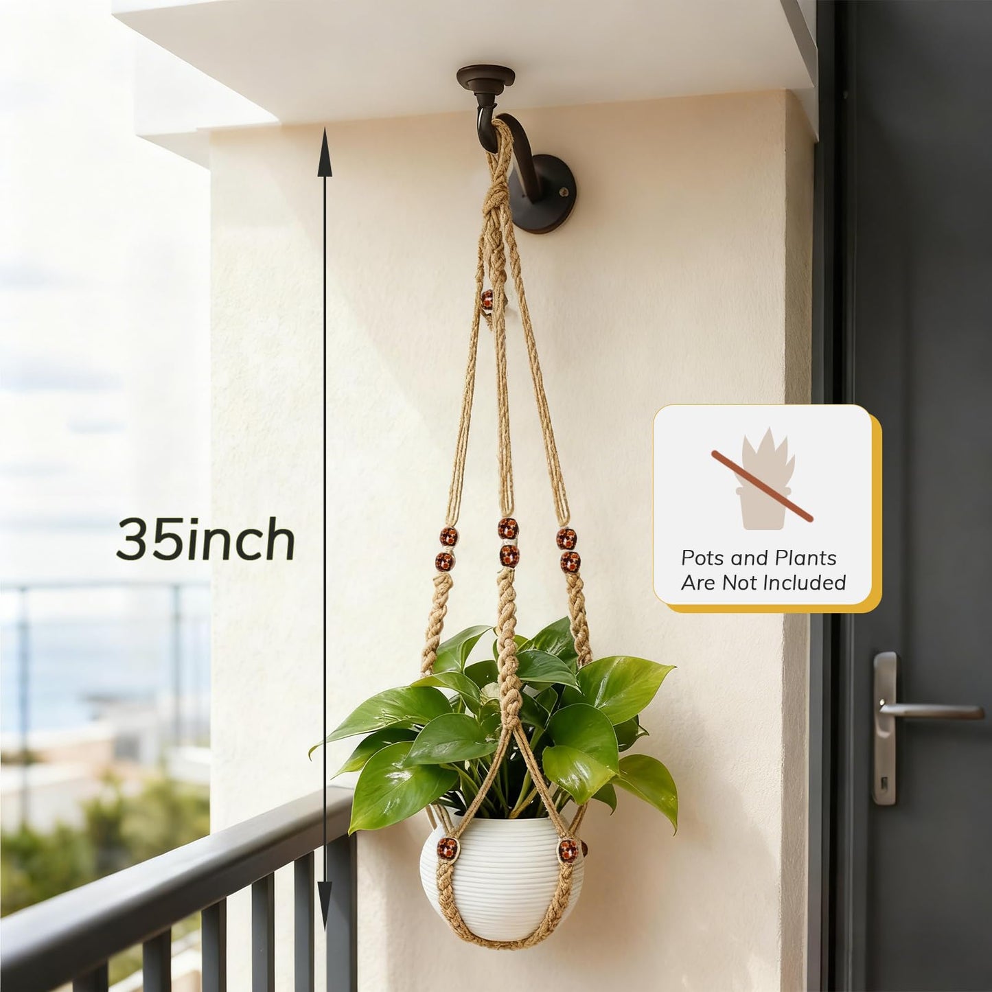 HOREAKHJ 35 Inch Macrame Plant Hanger, Large for up to 15 Inch Pot Extra Long Hanging Planter Holder Basket with Wood Beads for Indoor Outdoor Home Decor (Brown, 1-Pack)