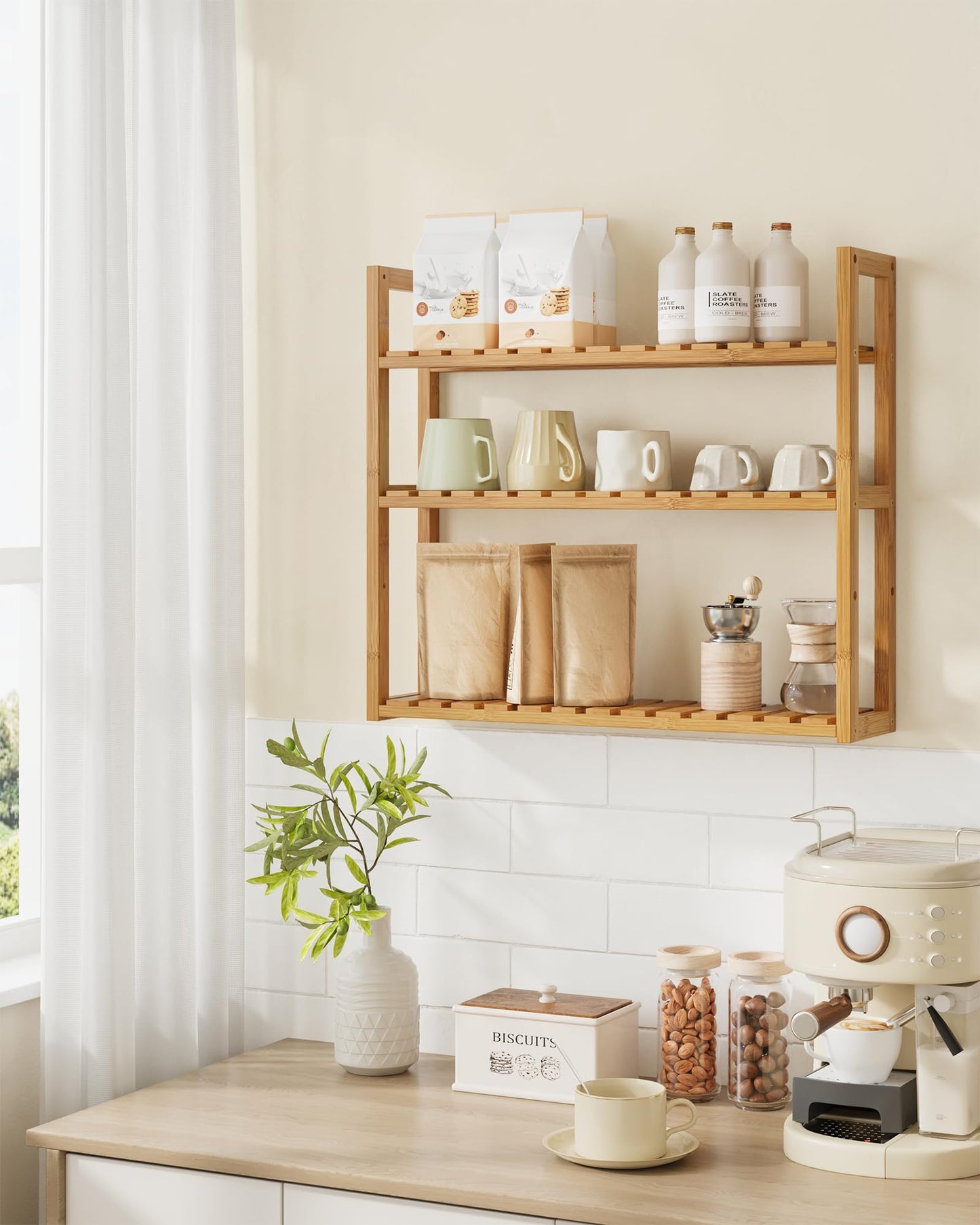 SONGMICS Bamboo Bathroom Shelf, 3-Tier Adjustable Plants Rack, Wall-Mounted or Stand, in the Living Room, Balcony, Kitchen, 5.9 x 23.6 x 21.3 Inches, Natural UBCB13Y