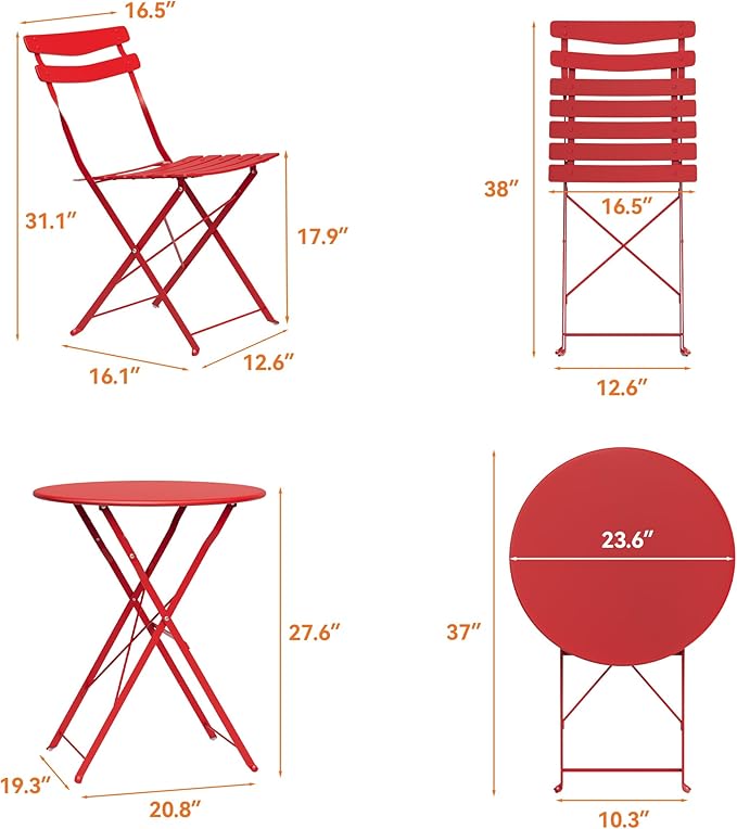 GarveeLife 3 Piece Patio Bistro Set, Folding Patio Bistro Table and Chairs Set