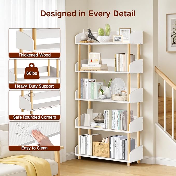 5-Tier Wooden Bookshelf, Modern Open Bookcase