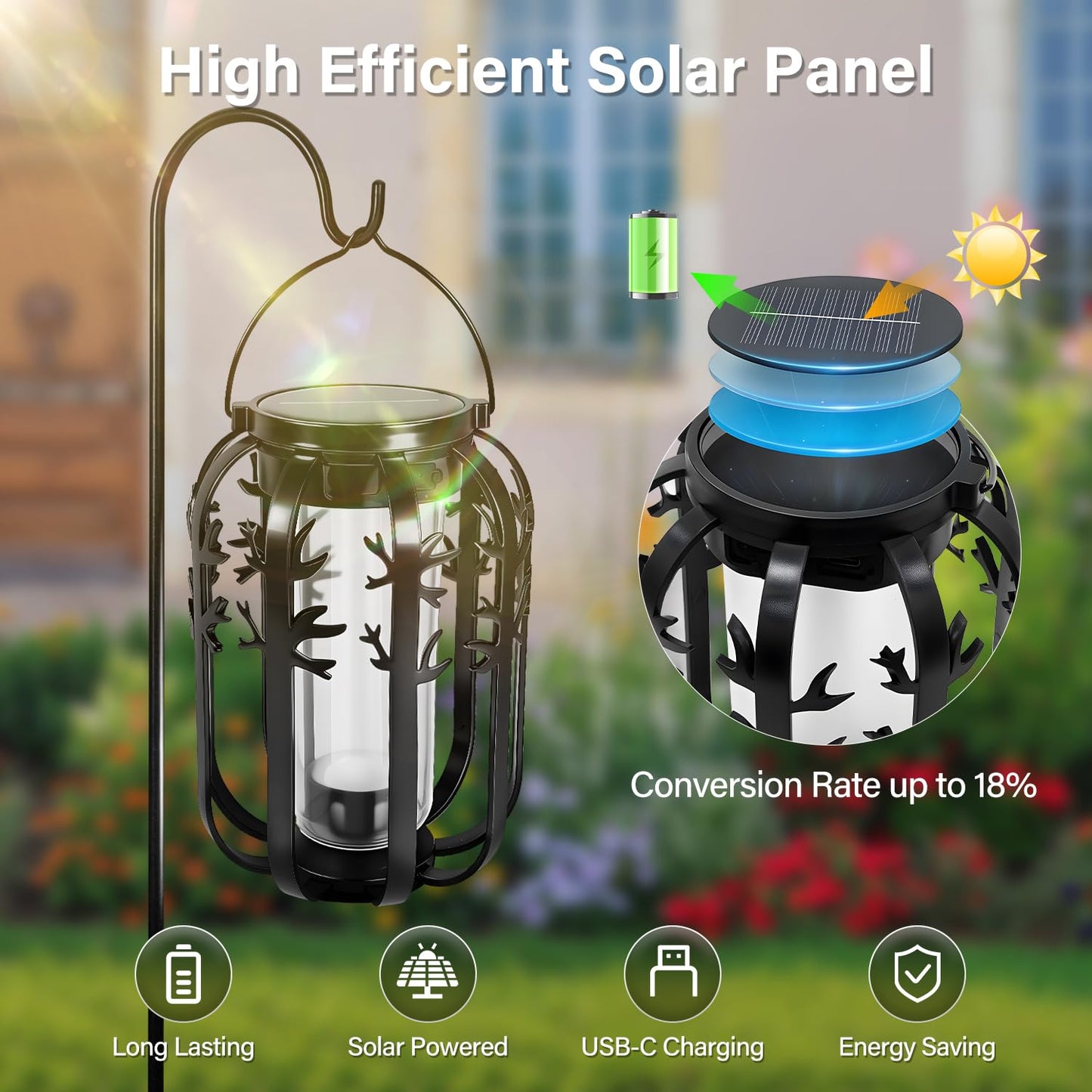 Ollny 2 Pack Solar Lanterns Outdoor Waterproof, Upgraded Flickering Flame Solar Lights Outdoor, Dual Charging (USB/Solar), 4 Modes Hanging Solar Lantern for Yard Patio Path Tree Garden Decor