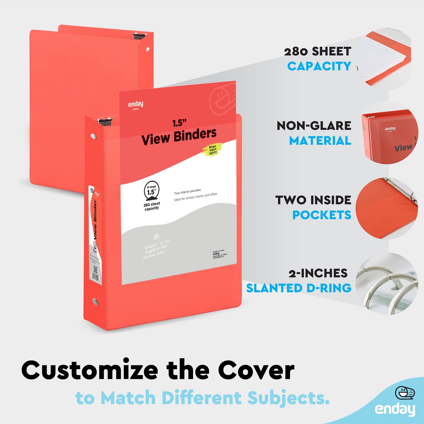 Enday 3 Ring Binder 1.5 Inch, Red Heavy Duty Three Ring Binder, 325 Sheets Capacity - 1.5 Inch Binder for Home School and Office