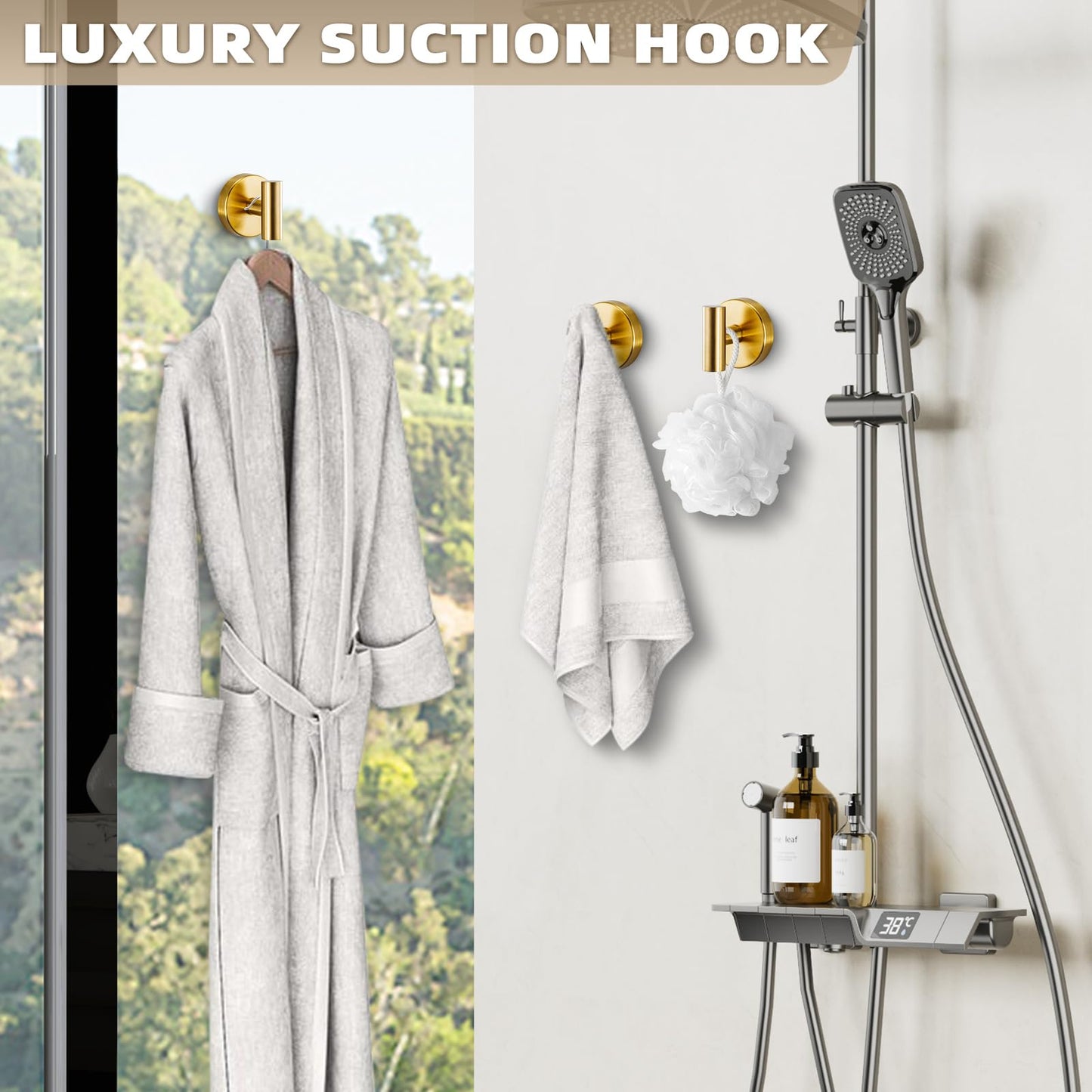 Fenas Suction Cup Hooks for Shower - Bathroom Reusable Hooks for Towels, Robes & Loofah - No-Drill Mounting on Kitchen,Walls,Metal,Glass,Mirrors,Tile & Smooth Non-Porous Surfaces (2, Brushed Gold)