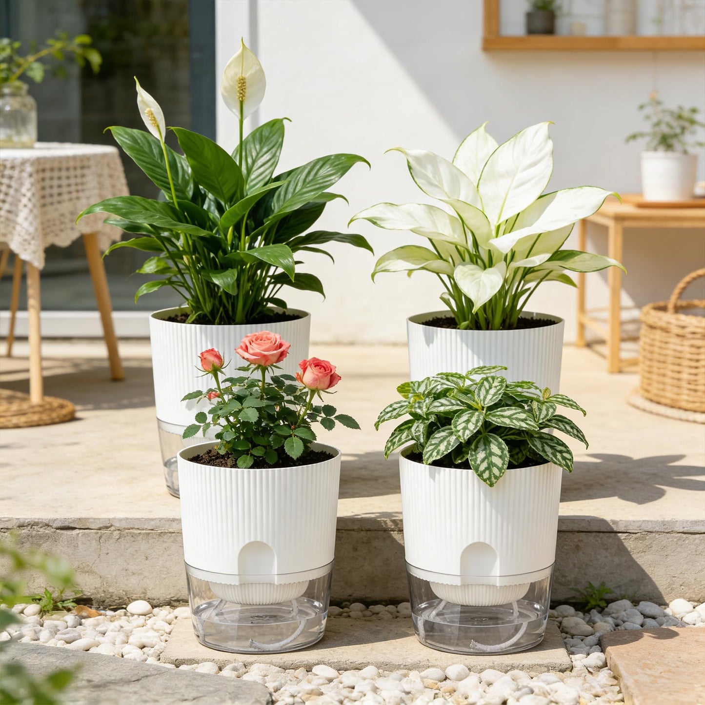 Samhe Plant Pots, 4 Pack 5.7 Inch Self Watering Pots for Indoor Plants, Flower Pots with Deep Reservoir and Drainage Holes - White