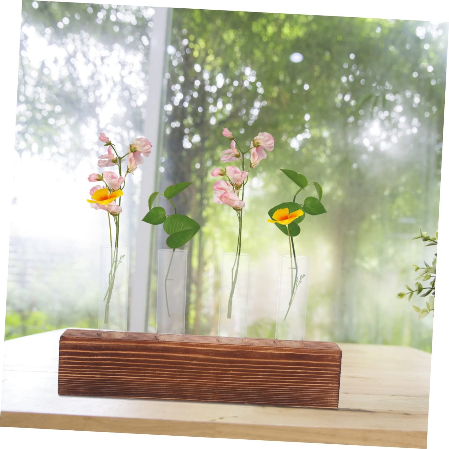 FUNOMOCYA Creative Hydroponic Glass Vases Wooden Stand Plant Terrarium for Home Decoration for Indoor Gardening for Plant Lovers 1 Set