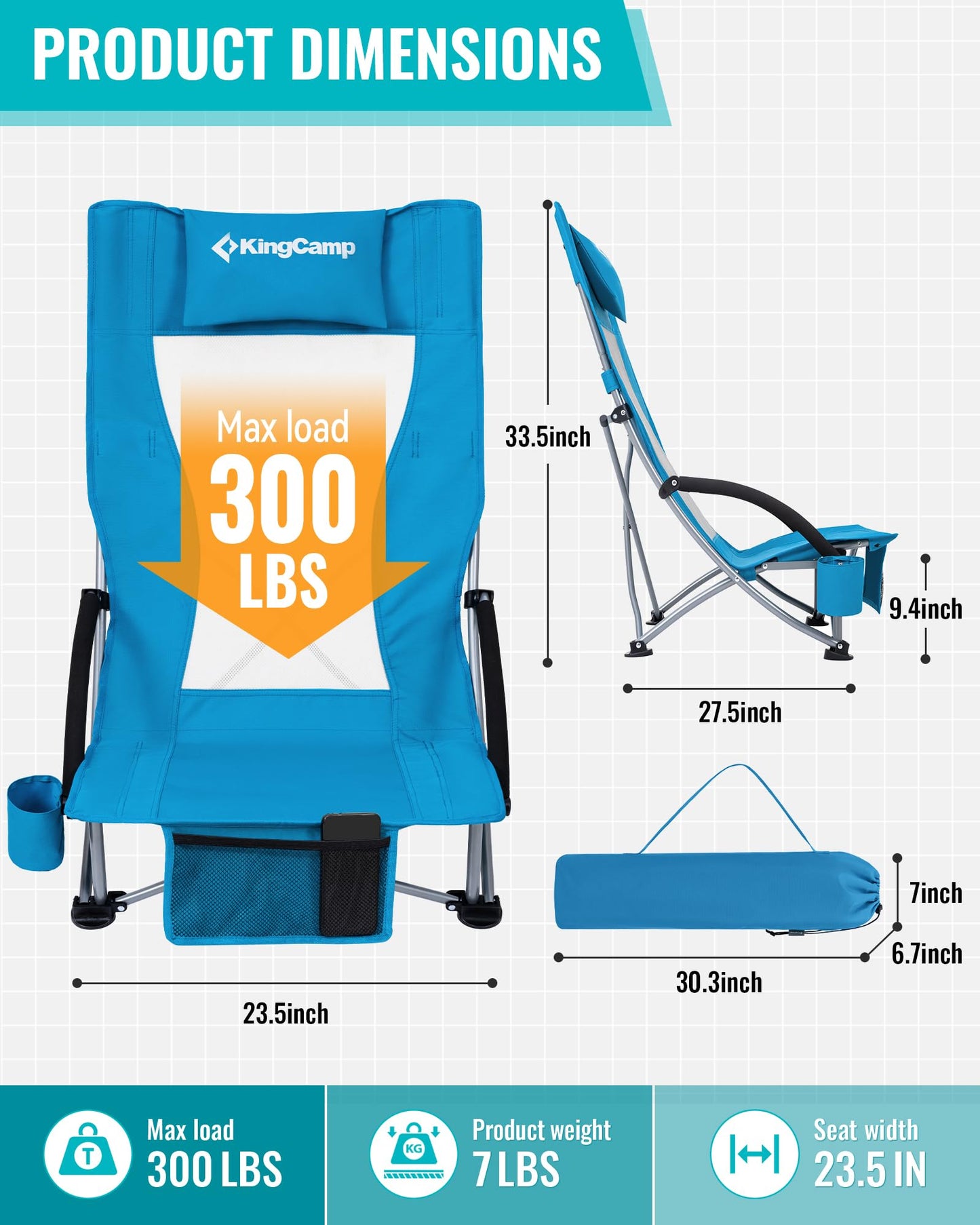 KingCamp Low Beach Chair, Folding Portable Chairs for Adults lightweight Extra Wide Ergonomic High Mesh Back Seat 300lbs Heavy Duty Oversized Gear with Carry Bag for Outdoor Lawn Camping Picnic