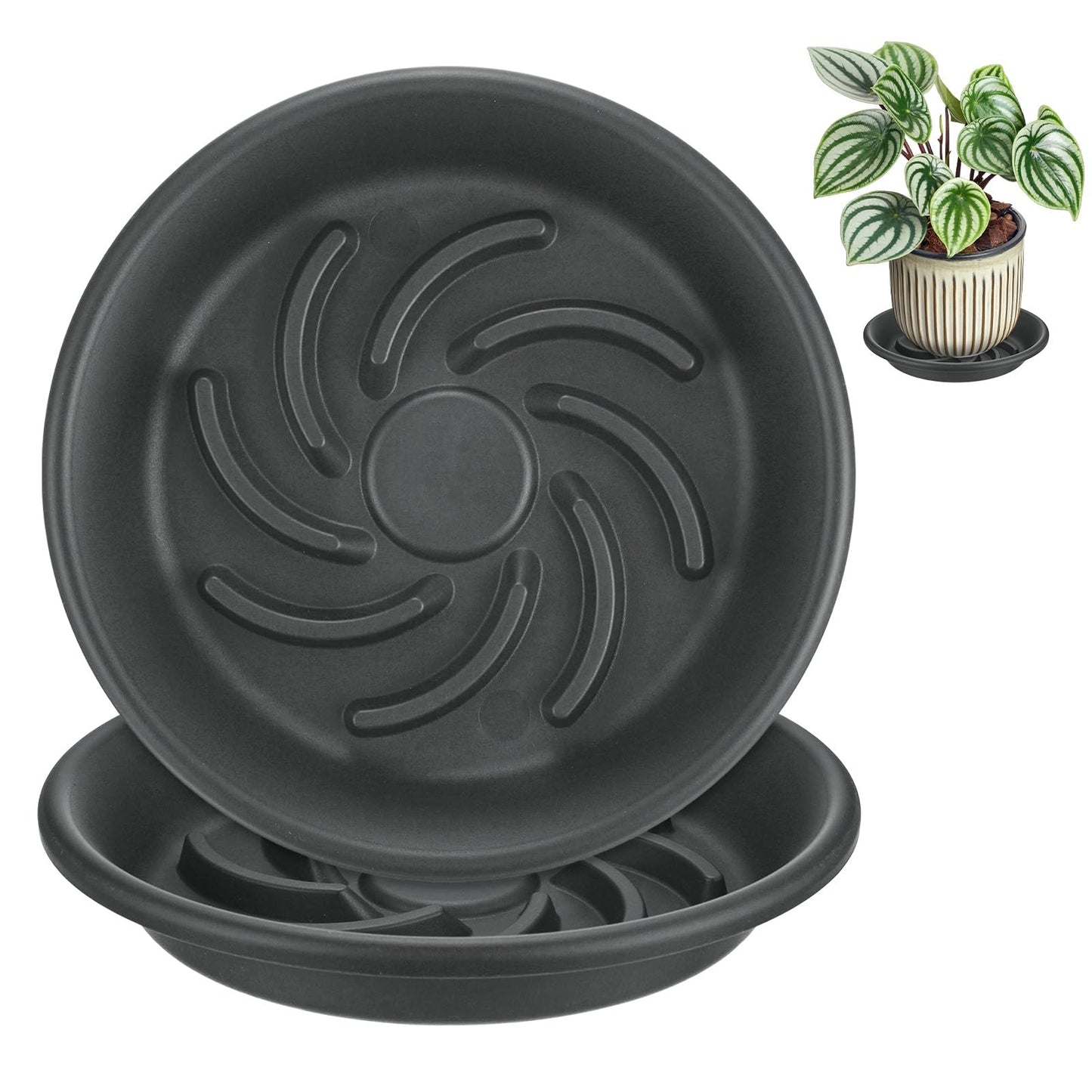 M METERXITY 2-Pack Plant Saucers, 7.3 Inch ID Anti-Rot Root Resin Flower Pot Plant Saucers for Indoor/Outdoor, Flowerpot Drip Tray [9.4 Inch OD, Gray Black]